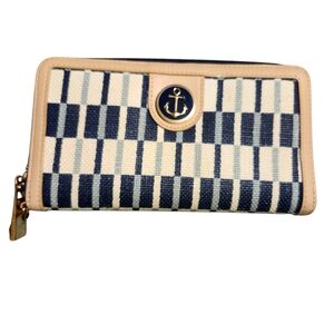 SPARTINA 449 🇺🇸 Nautical Anchor Stripe zipper linen leather wallet beige blue
